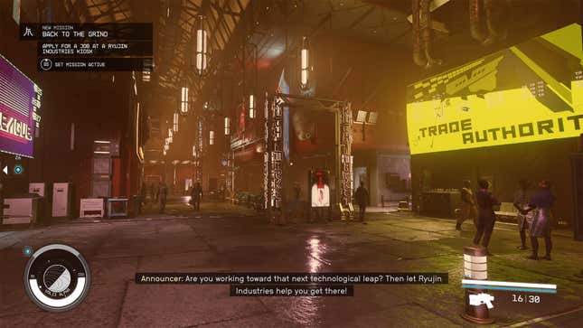 Ein Screenshot, der Neon zeigt, die Stadt, in der sich der Hauptsitz von Ryuji Industries befindet. 